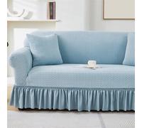 Light Blue Plaid Sofa Cover Universal Washable Stretch Slipcover with Ruffle Skirt 3 Seater Couch Protector for 74" 90" Sofas Durable and Stylish Furniture Cover