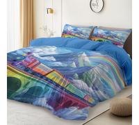 Light Blue Print Duvet Cover 3Pcs, Fantasy Rainbow Train Mountains Theme Ultra-Soft Microfibre Bedding Set with 2 Pillowcases, King size Breathable Reversible Duvet Covers for Kids Girls Bedroom Decor