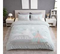 Light Blue Printing Duvet Cover Camper Van Tent Starry Sky Bedding Decorative Comforter Cover Set Breathable Animation Duvet Cover Set Adventure Playful Bedding - Double