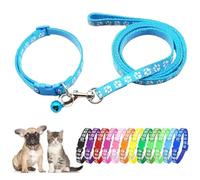 Light Blue Puppy Collar And Lead Sets, XSmall Dog Collar And Lead Set Pawprint Adjustable Kitten Collar With Bell For Tiny Little XXS XS Extra Small Breed Pets Dogs Cats Girls Boys