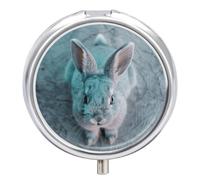 Light Blue Rabbit Pill Box - 3 Compartment, Round Metal Pill Case with Mirror, Portable Medicine Holder for Purse/Wallet/Travel