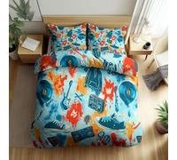 Light Blue Reversible Duvet Cover 260 × 220 cm, Super King Size Bedding Sets With 2 Pillowcases, Exquisite Vibrant Skulls Musical Instruments Printed Quilt Cover with Zipper Closure