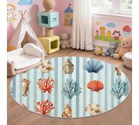 Light Blue Round Area Rug 210 cm, Underwater World Coral Shells Pattern, Washable & Non-Shedding Low Pile Circular Carpet for Minimalists, Dining Room and Bedroom