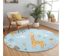 Light Blue Round Rugs 60 cm, Machine Washable Rug for Living Room, Non Slip Rugs, Grassland giraffe cartoon Printed Carpet for Dining Room Kids Room Nursery