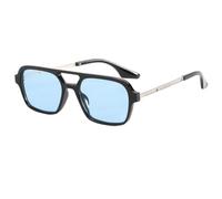 Light Blue Square Sunglasses, Double Bridge & Silver Frame UV400 | Retro Square Double-Bridge Style, Black Front with Silver Hollow-Out Temples, Tinted Blue Lenses & UV400 Protection