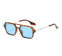 Light Blue Square Sunglasses, Double Bridge & Silver Frame UV400 | Retro Square Double-Bridge Style, Black Front with Silver Hollow-Out Temples, Tinted Blue Lenses & UV400 Protection