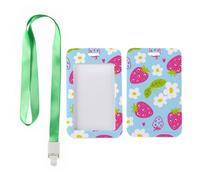 Light Blue Strawberry Blooms Card Holder with Green Lanyard, Vertical Badge Holders, Vertical Cards Protector for Men, Name Badges Protector for Nurse, Paramedic Accessories Nurse Essentials Work