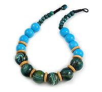 Light Blue/ Teal/ Natural Chunky Colour Fusion Wood Bead Necklace - 48cm L