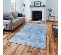 Light Blue Traditional Bordered Geometric Rug For Bedroom & Living Room-60 X 225Cm (Runner)