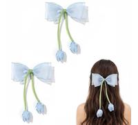 Light Blue Tulip Hair Bows with Green Ribbon Stems - Double-Layered Organza Ponytail Clips for Women and Girls, 10cm Long Floral Tails for Everyday Styling, Spring Festivals and Garden Parties