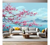 Light Blue Wall Mural Plum Blossoms by The sea Photo Poster Mural Wallpaper Non-Woven Premium Art Print Living Room Bedroom Nursery TV Background Home Decor 300 x 210cm