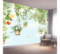 Light Blue Wallpaper Mural & Home Decor, Healing Style Hanging Plants Butterflies Bedroom Wallpaper - Self-Adhesive Large Wall Murals for Living Room Home Decor 250 x 175 cm（WxH