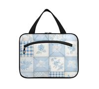 Light Blue White Buffalo Plaid Check Flowers Hanging Make up Bag for Women with Hook, Designer Necessities Makeup Cosmetic Bag for Women Traveling envase para Perfume de L