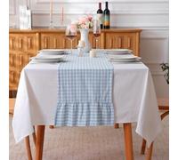 Light Blue White Plaid Gingham Ruffle Table Runner Cabinet Cover 13"x72" | 100% Washed Cotton, 6" Extra Long Ruffle, Farmhouse Checkered Design, Reverserable Use