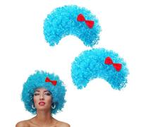 Light Blue Wig Set of 2 with Red Ribbon Carnival Wig Afro Look 70s 80s Party Costume for Men and Women Role Play Fancy Dress Clown Disco Theme Party Accessories