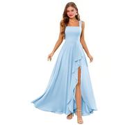Light Blue Wonen's Square Neck Chiffon Bridesmaid Dresses Spaghetti Straps Long Formal Evening Gown A Line Wedding Guest Dress with Slit 14
