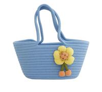 Light Blue Woven Straw Tote Bag with Floral Design - Casual Beach Outdoor Shopping Shoulder Handbag Accessory for Women and Girls, Textured Rope Material, Yellow Flower Appliqué with Orange Pom-Poms,