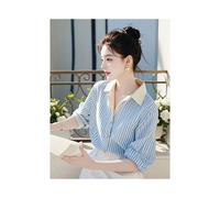 (Light Blue, XXXL) Beautiful Red Striped Polo Shirts Spring Autumn New Long Sleeve Loose Youth All-match Fashion Blouse Sweet Korean Women Clothing