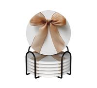 Light Brown Bow Ribbon Ceramic Coasters with Holder Set of 6 Coffee Cup Drink Coasters