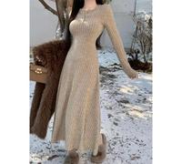 (light brown, Medium) Snowflake Striped Cotton Waist-slimming Knitted A-line Dress - 2024 Autumn/winter Collection