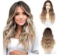 Light Brown Ombre Long Wavy Wig, Middle Part Synthetic Heat Resistant Hair, Natural Looking Curly For Daily Use, Fits All Face Shapes & Skin Tones
