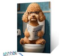 Light Brown Poodle Wearing Glasses Red Newspaper Sitting Toilet Seat Paint by Number for Adults On Canvas DIY Oil Painting Kits Acrylic Paints for Home Wall Decor Art Craft Gifts 16x20in (Frameless)