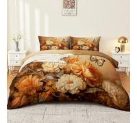 Light Brown Reversible Durable Duvet Cover - Retro Fantasy Flowers Oil Painting Printed Easy Care Bedding 3 Piece Set, Super King Size Soft Lightweight Quilt Cover Set with Zipper