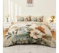 Light Brown Reversible Durable Duvet Cover - Retro Watercolor Plants Printed Easy Care Bedding 3 Piece Set, Super King Size Soft Lightweight Quilt Cover Set with Zipper