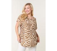 Light Brown Round Neck Top With Abstract Print Blue Vanilla Light Brown S/M