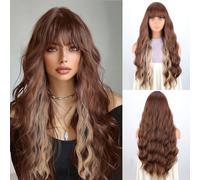 Light Brown Wavy Wigs with Bangs for Long Women Wavy Brown Blonde Hair Ombre Wavy Wigs Mixed Ash Brown and Blonde