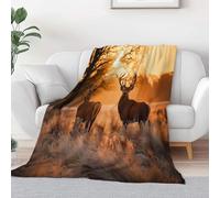 Light Camel Throw Blanket Sunrise Grassland Landscape Animals Deer Printed Bedding 87 x 94 in, Super Soft Flannel Bed Blanket Lightweight Fluffy Plush Fuzzy Bedding for Sofa and Travel, 220 x 240 cm