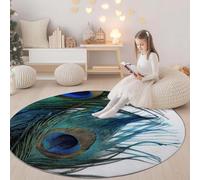 Light Color Washable Round Rug Area Rug for Living Room - Animal Peacock Feather Pattern Print Large Rug with Upgrade Anti-slip PVC Material for Bedroom Classic Round Carpet Non Shedding, 150 cm