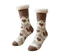 LIGHT DOT Women's Winter Slipper Socks Sherpa Fleece Lined Snowy Heart Print Non-Slip Grippered Cozy Soft Warm Christmas Gift, Khaki, 6-10