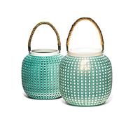 Light-Glow Porcelain Lantern Table Lamp - Handcrafted with Perforated Mini Squares and Hemp Rope Handle - Turquoise