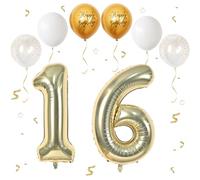 Light Gold 16 Balloons - 40 Inch Foil Number 1 & 6 with 6 Light Gold Metal and Confetti Helium Balloons for 16th Birthday Decorations