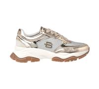Light gold laminated leather and silver glitter fabric trainers 8 UK