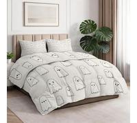 Light Gray Coverless Duvet, Simple Reversible Soft Lightweight Duvet Set for All Seasons, Cute Little Ghost Pattern Machine Washable Bedding Comforter Sets with 2 Pillowcases, King 230 x 220 cm