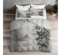 Light Gray King Duvet 4.5 Tog - Bamboo Forest Landscape Painting Pattern, Chinese Soft Warm Machine Washable Bedding with 2 Pillowcases 50x75 cm, Lightweight Cosy Reversible Bed Comforter 230 x 220 cm
