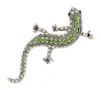 Light Green/AB Crystal Lizard Brooch In Silver Tone Metal - 65mm L