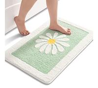 Light Green Bathroom Rugs, Daisy Cute Bath Mat, White Flower Bathmats, Soft Microfiber Bathroom Mat Non Slip Floor Carpet, Absorbent Machine Washable Floral Bathtub Rugs for Tub, Shower, Entry 20×32in