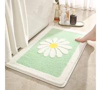 Light Green Bathroom Rugs, Daisy Cute Bath Mat, White Flower Bathmats, Soft Microfiber Bathroom Mat Non Slip Floor Carpet, Absorbent Machine Washable Floral Bathtub Rugs for Tub, Shower, Entry 16×24in