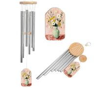 Light Green Ceramic Vase with Yellow Daisies Wind Chimes Memorial Deep Tone Windchime with 6 Aluminum Tubes Outdoor Backyard Garden Decoration