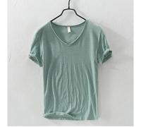 (light green, EU XXXL 90-100kg) New Slim Fit Slub Cotton Pure Color V Collar Short Sleeved Tops Tees Men T-Shirt Multi-color Man T-Shirts Fitness