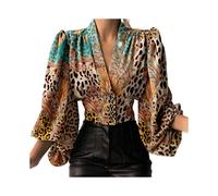 (Light Green, L) French Style Vintage Cropped Shirt Lantern Long Sleeve Irregular Geometry Print Office Women Shirt V-neck Waist Tight Shirt