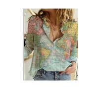 (Light Green, M) Acting Pro Skirt Print Women's Loose Map Print Shirt Sleeve Long Casual Top World Lapel Button Women Womens V Neck Shirts Casual