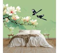 Light Green Panoramic Custom Wallpaper Mural, Non-Woven Premium Chinese Artistic Flowers Animals Print Wallpaper Mural Poster Decoration 118 x 83 inch (W x H) for Bedroom Living Room Corridor