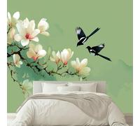 Light Green Photo Mural- 350 x 256 cm Non-Woven Premium Fleece Wall Wallpaper- Oriental Art Watercolor Floral Birds Bedroom Living Room Decoration Poster