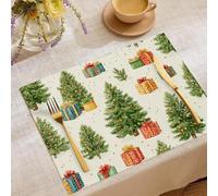 Light Green Table Place Mats Set of 2, Heat Resistant Washable and No-Slip Cotton and Linen Watercolor Christmas Tree Abstract Plants Placemats for Table, Festival Party Mat, 30 * 45cm