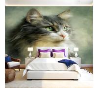 Light Green Wall Mural Animal Cat Photo Poster Mural Wallpaper Non-Woven Premium Art Print Living Room Bedroom Nursery TV Background Home Decor 300 x 210cm