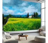 Light Green Wall Wallpaper Mural Oil Painting Mountains Meadow Houses, Premium Non-Woven Wallpaper Mural for Bedroom livingroom Wall Decor 400 x 280 cm Art Print Photo Paper Poster